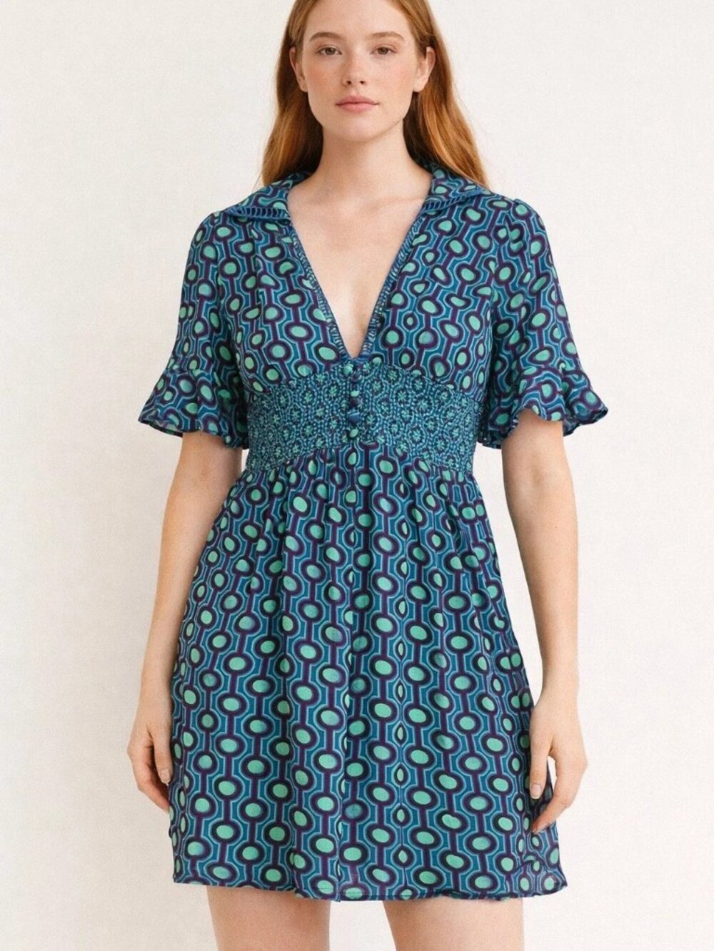 URBAN OUTFITTERS Retro Smocked Empire Waist Boho Blue Mini Dress – SP